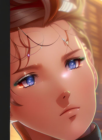 Detailed digital artwork of female character with blue eyes and facial jewelry in warm light