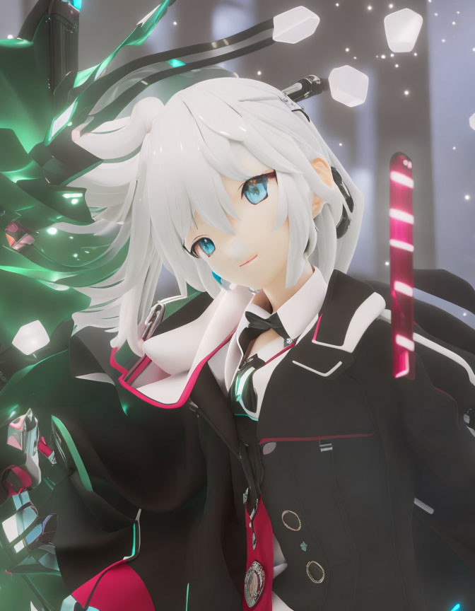 Anime-style female character with white hair, blue eyes, black and red outfit, glowing light sticks.