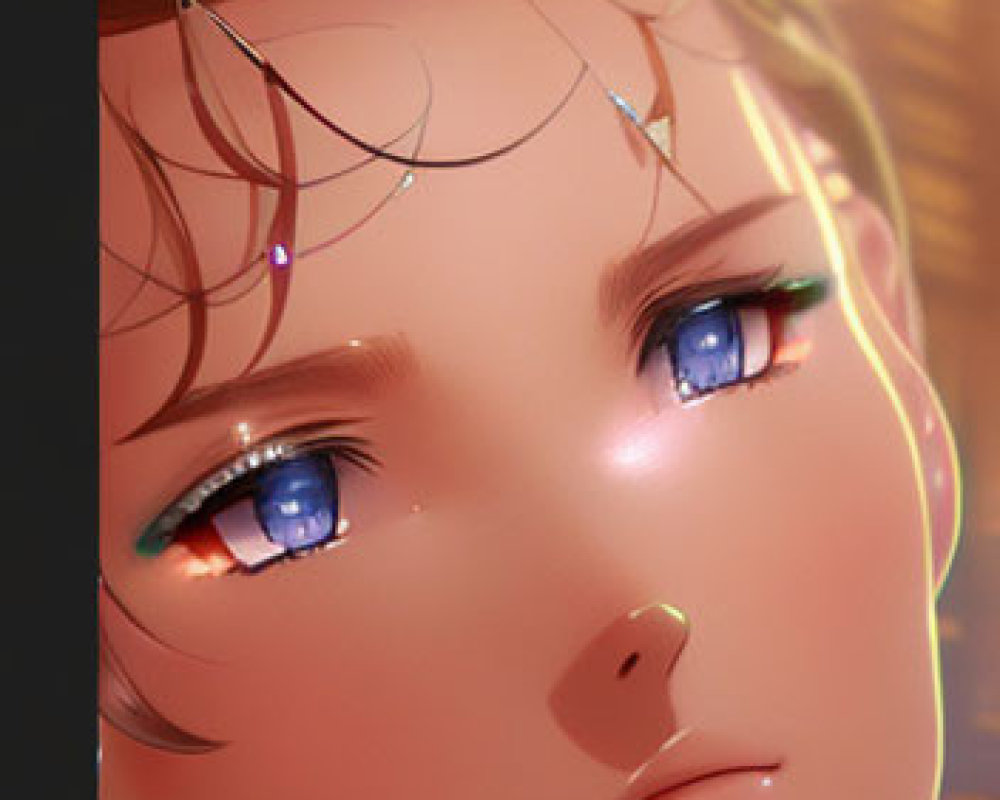 Detailed digital artwork of female character with blue eyes and facial jewelry in warm light