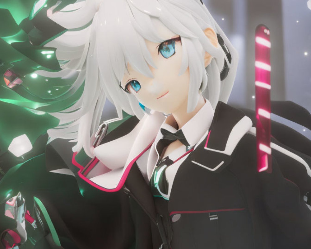 Anime-style female character with white hair, blue eyes, black and red outfit, glowing light sticks.