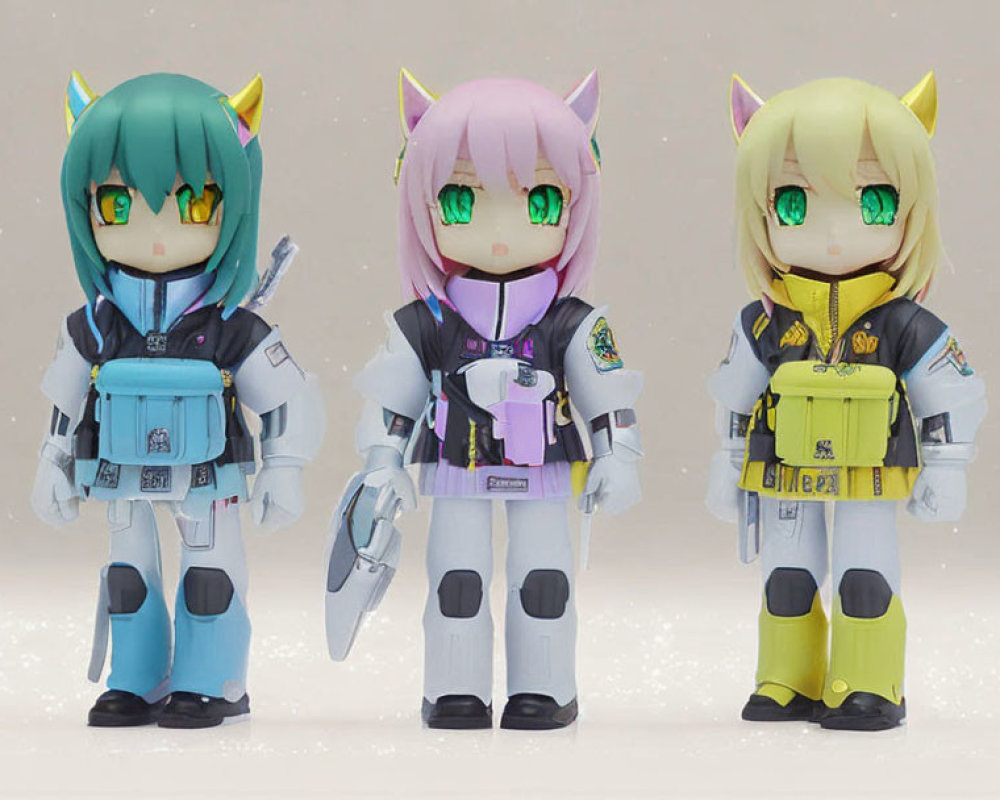 Anime-style figures with cat ears in futuristic outfits holding weapons on light background