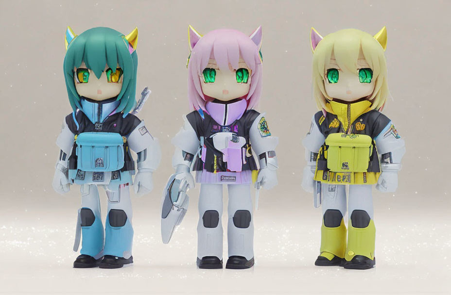 Anime-style figures with cat ears in futuristic outfits holding weapons on light background