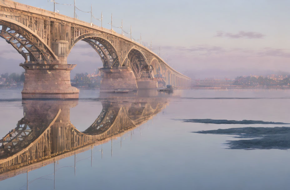 Tranquil misty sunrise scene with arched bridge over calm river