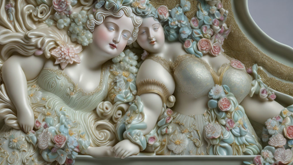 Porcelain figures with intricate floral designs in pastel hues