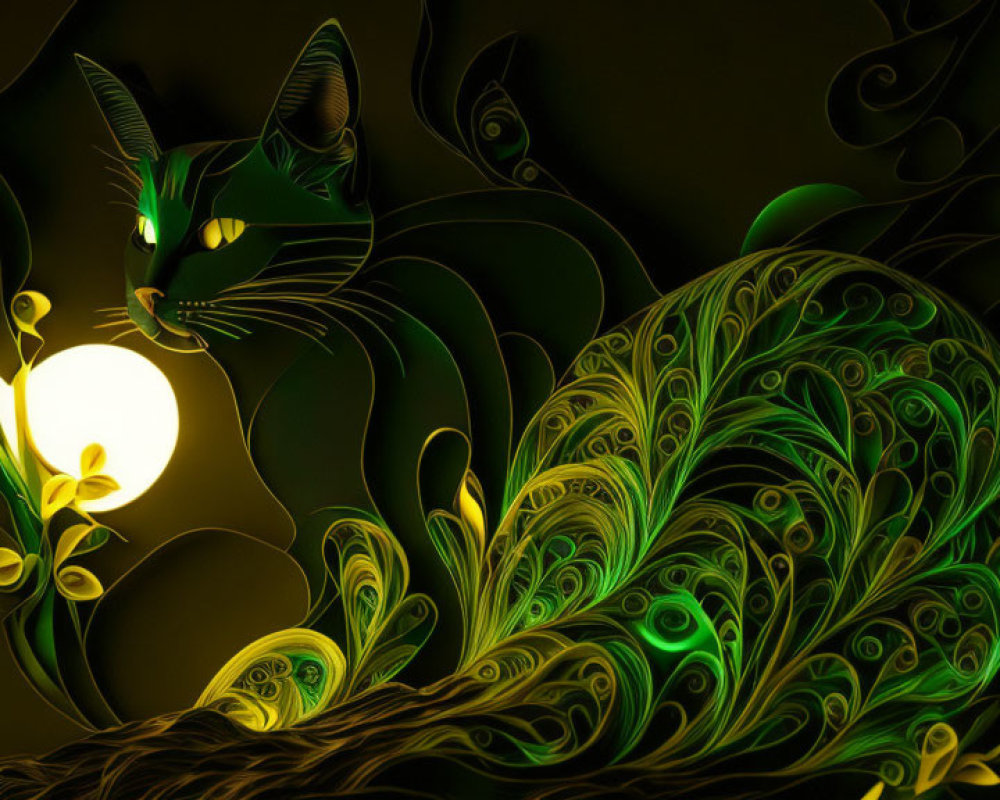 Stylized black cat with green eyes and patterns beside glowing orb