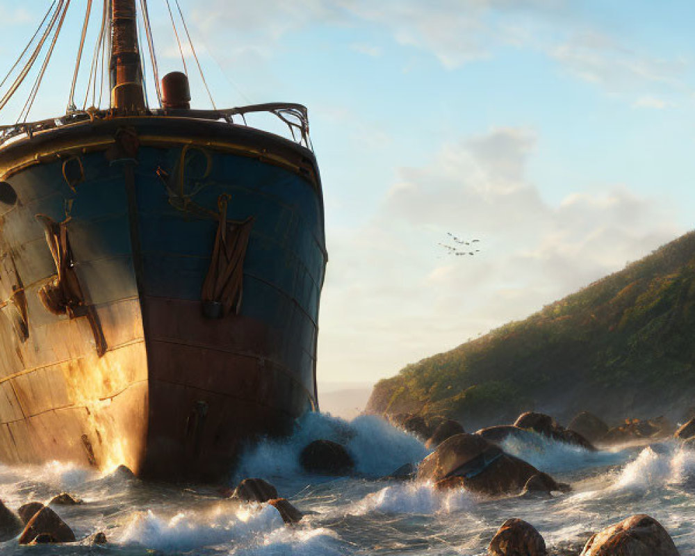 Abandoned shipwreck on rocky shore at sunset, with crashing waves and lush green hill in background