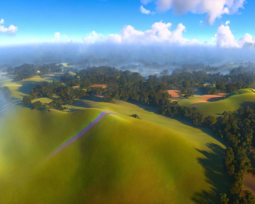 Colorful rainbow over green hills under sunny sky