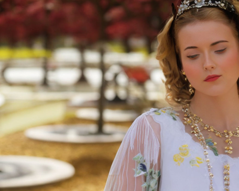 Vintage Attired Woman in Park with Fountains and Autumn Trees