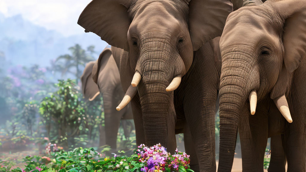 Prominent tusks on elephants in lush landscape