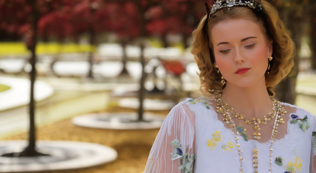 Vintage Attired Woman in Park with Fountains and Autumn Trees