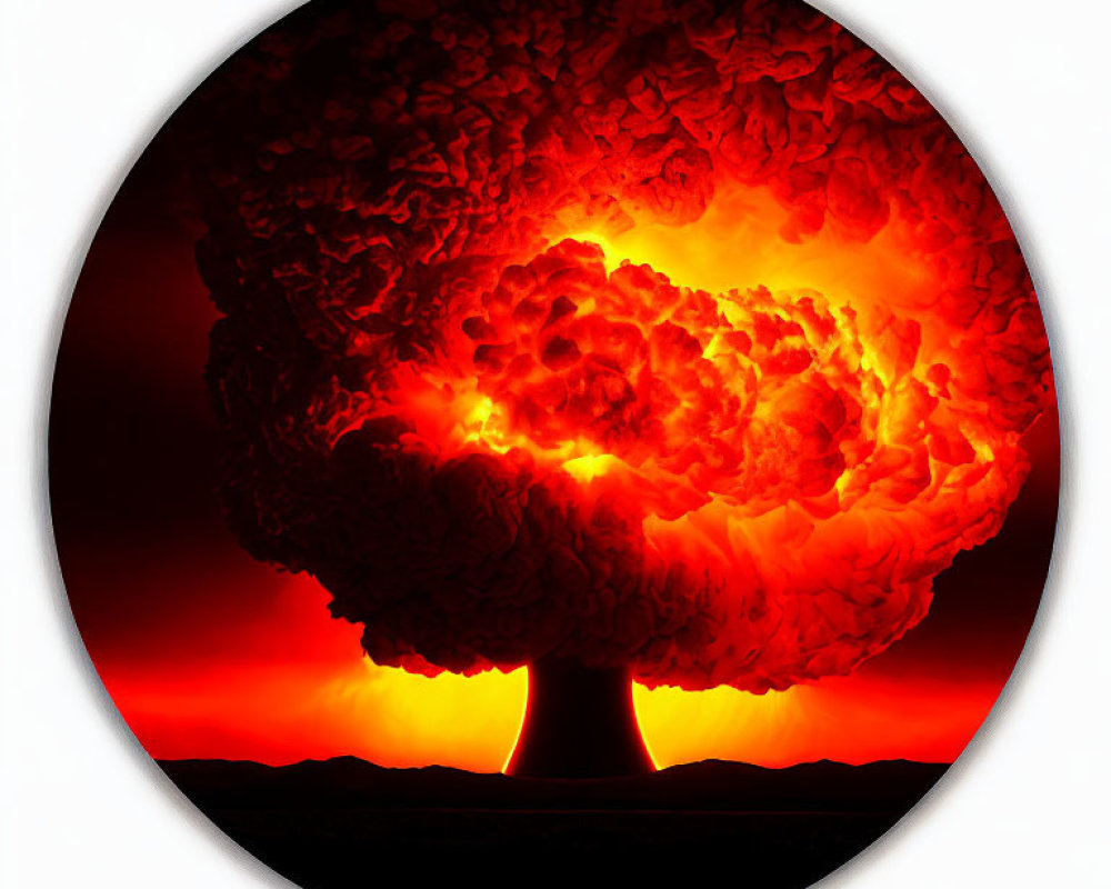 Vivid circular nuclear mushroom cloud in red and orange tones