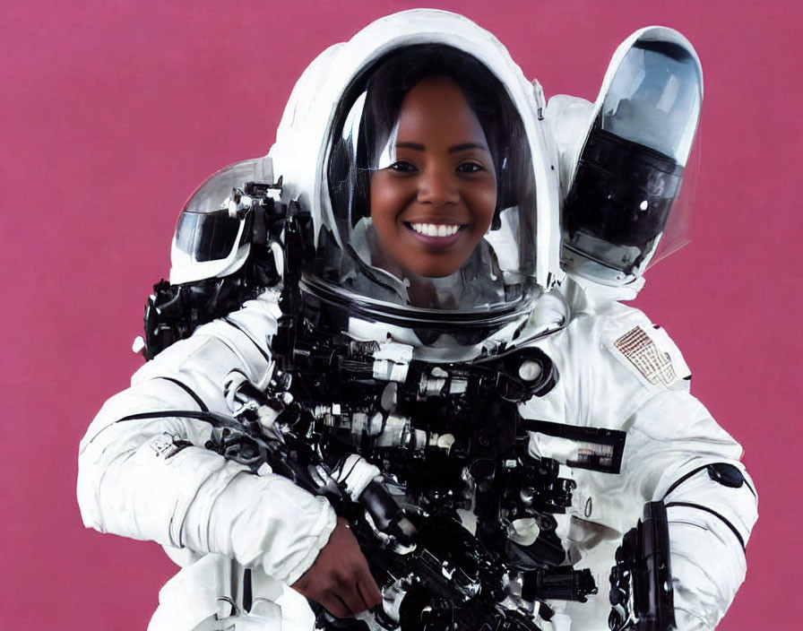 Smiling astronaut in white suit on pink background