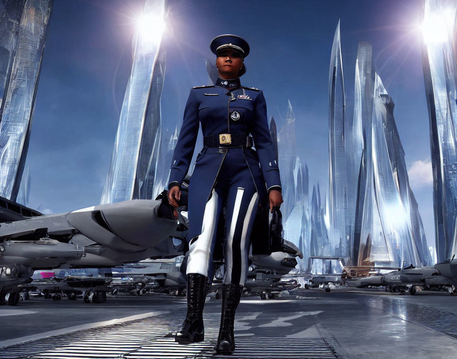 Military Person in Uniform on Airfield with Futuristic Aircraft and Skyscrapers