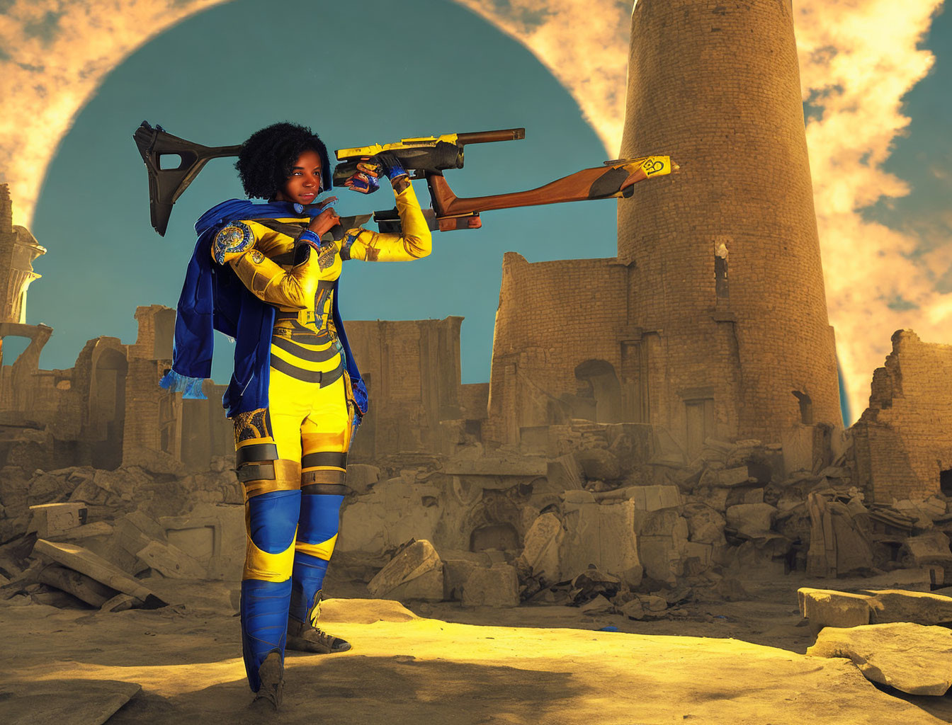 Superhero in yellow and blue costume with futuristic rifle in cloudy sky.