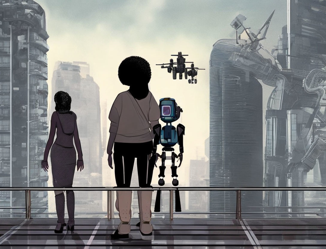 Futuristic cityscape with animated characters and robot