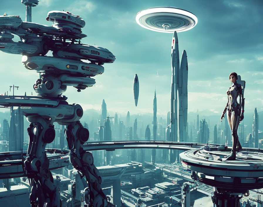 Futuristic cityscape with skyscrapers, flying vehicles, and UFO structure