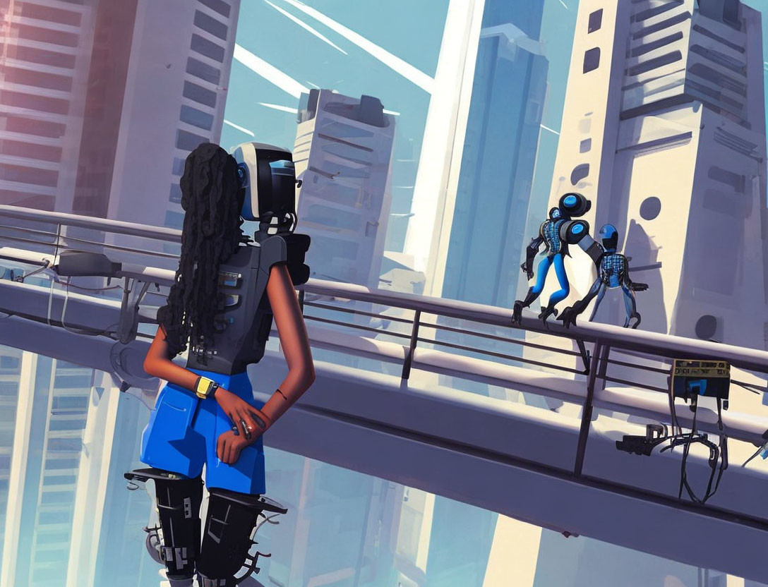 Woman with cybernetic enhancements watches robots on futuristic city bridge