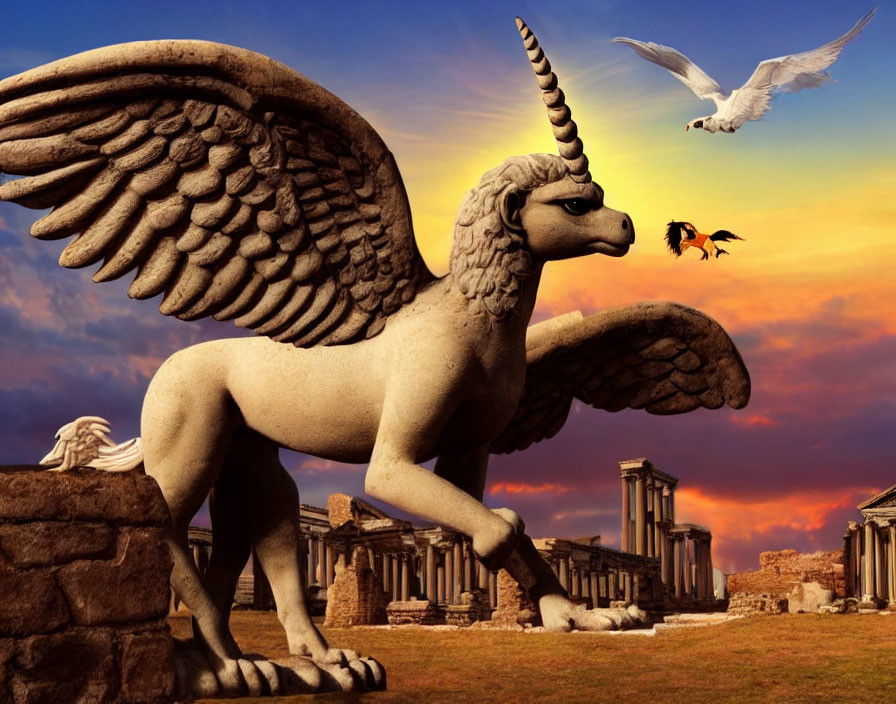 Mythical winged lion-eagle creature at ancient ruins under sunset sky