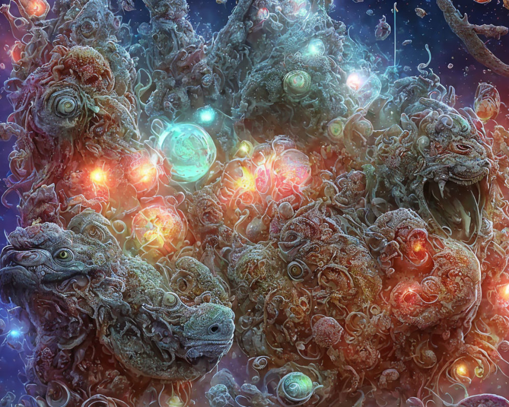 Fantastical image: Intertwined dragon-like creatures with glowing orbs in cosmic setting