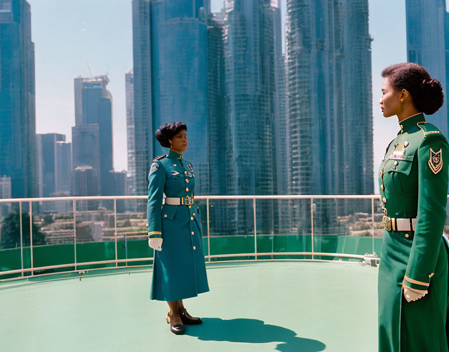 Two women in military uniforms on rooftop with skyscrapers in background