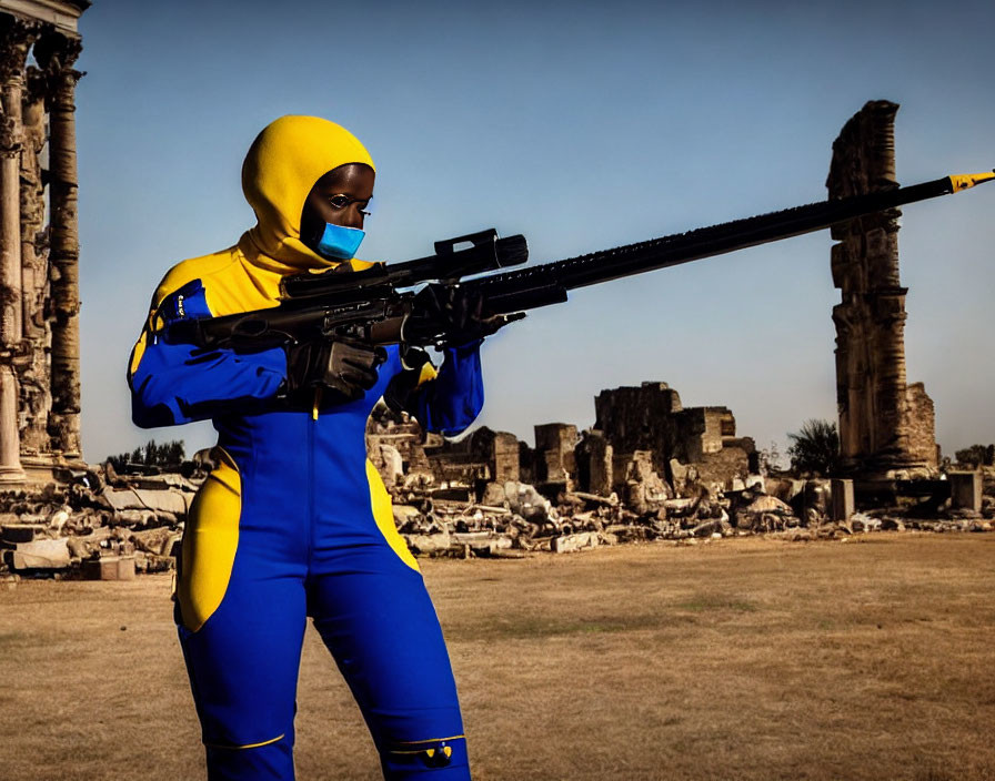 Blue and Yellow Tactical Suit Figure with Rifle in Ancient Ruins