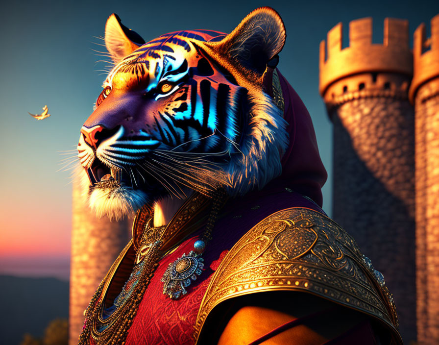 Regal tiger in medieval armor at sunset