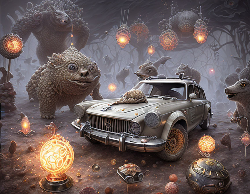 Vintage car surrounded by furry creatures in mystical forest with glowing orbs