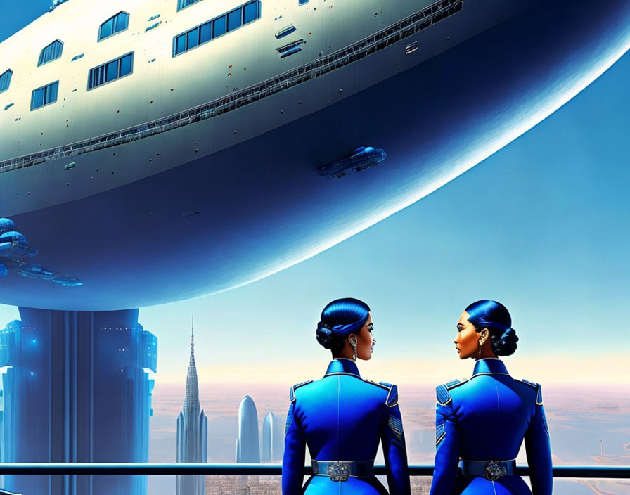 Futuristic women in blue uniforms observe spaceship over cityscape