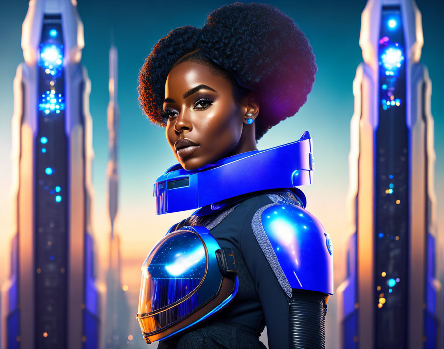 Futuristic female with afro in blue sci-fi suit and helmet by glowing towers