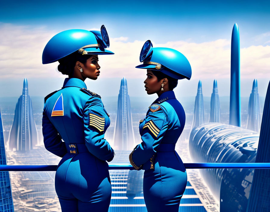 Futuristic individuals in blue uniforms against stylized cityscape