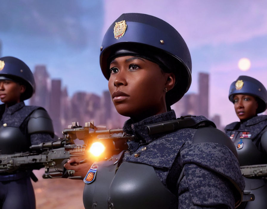 Futuristic female soldiers in blue armor against city skyline