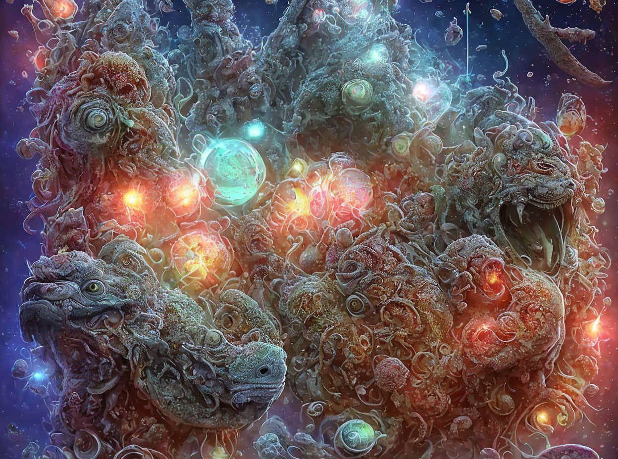 Fantastical image: Intertwined dragon-like creatures with glowing orbs in cosmic setting