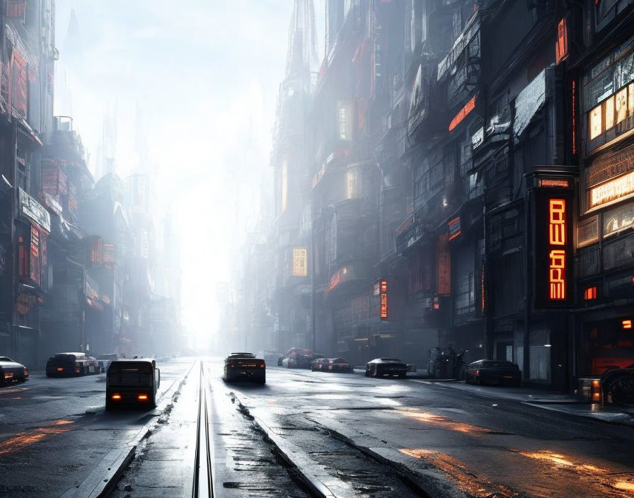 Futuristic city street with high-rise buildings and neon signs