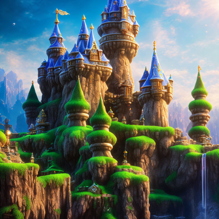 Majestic castles on steep cliffs in lush fantasy landscape