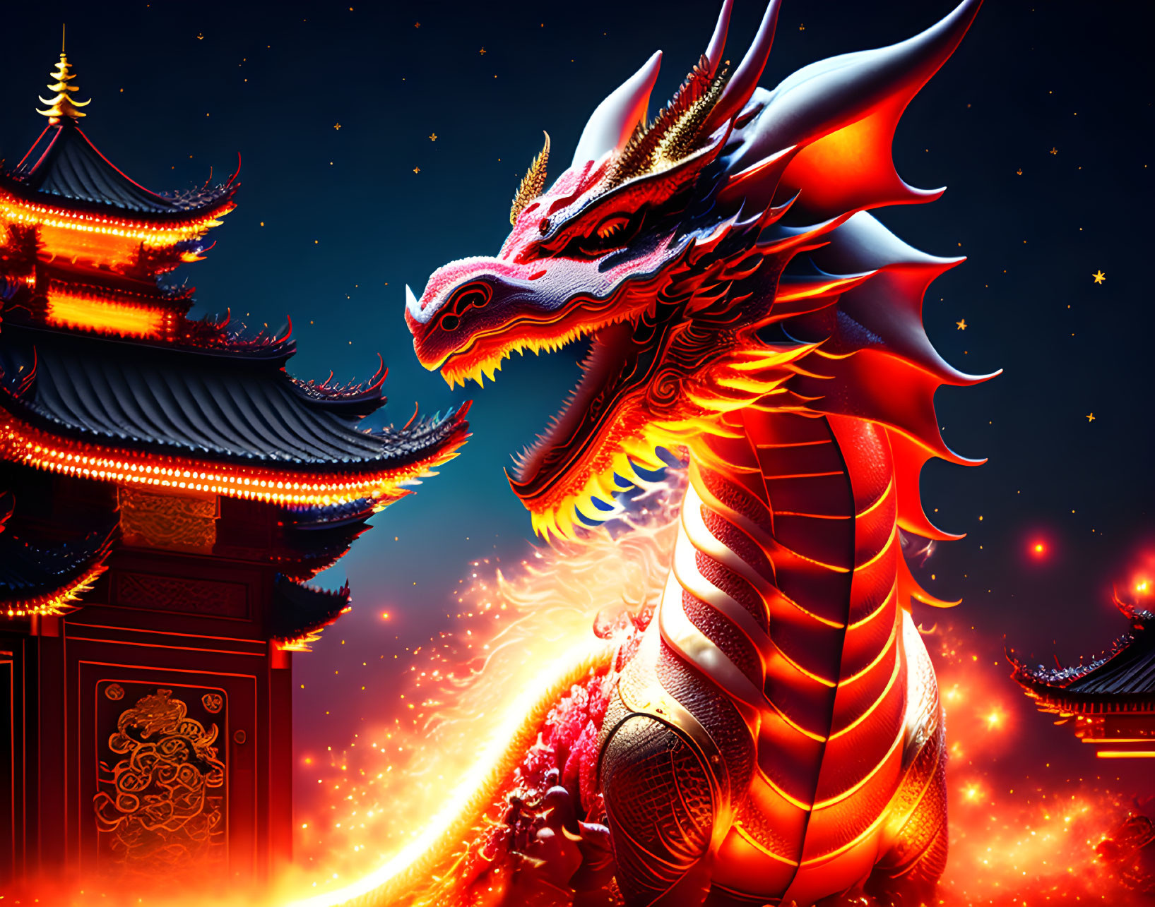 Fiery red dragon and Chinese pagodas under starry sky