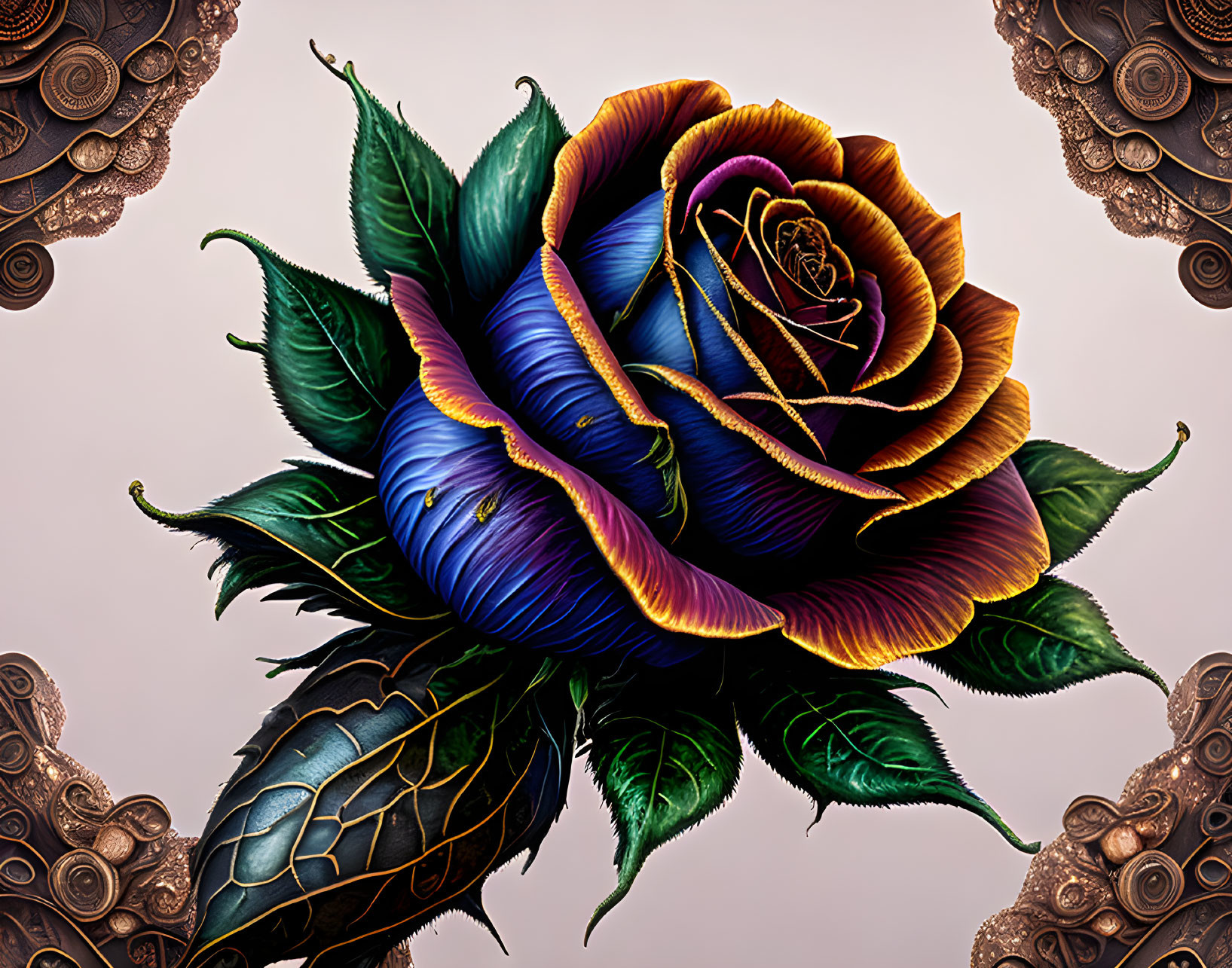 Colorful Digital Artwork: Rainbow Rose with Ornate Details