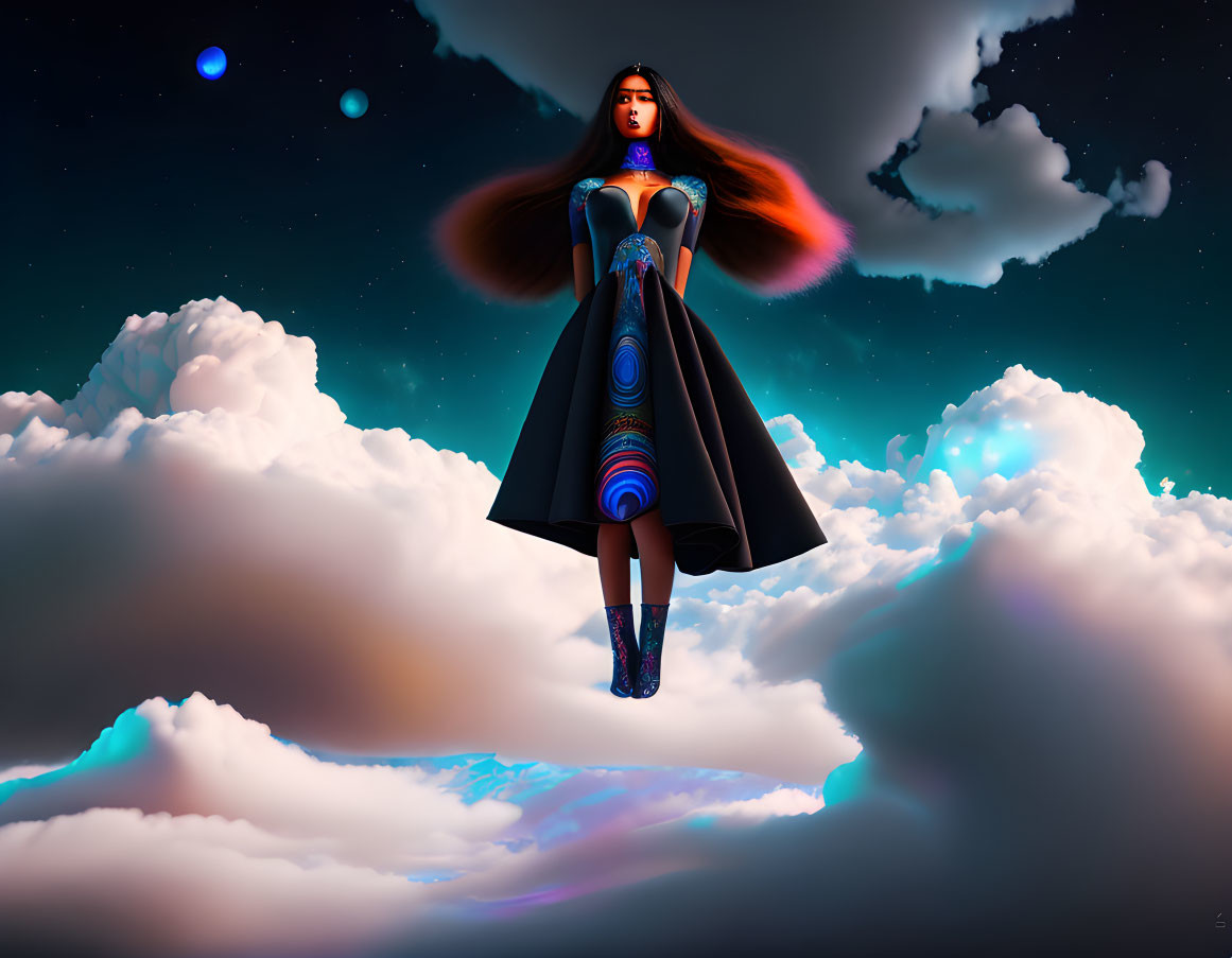 Stylized female figure in cosmic-themed dress among clouds and stars