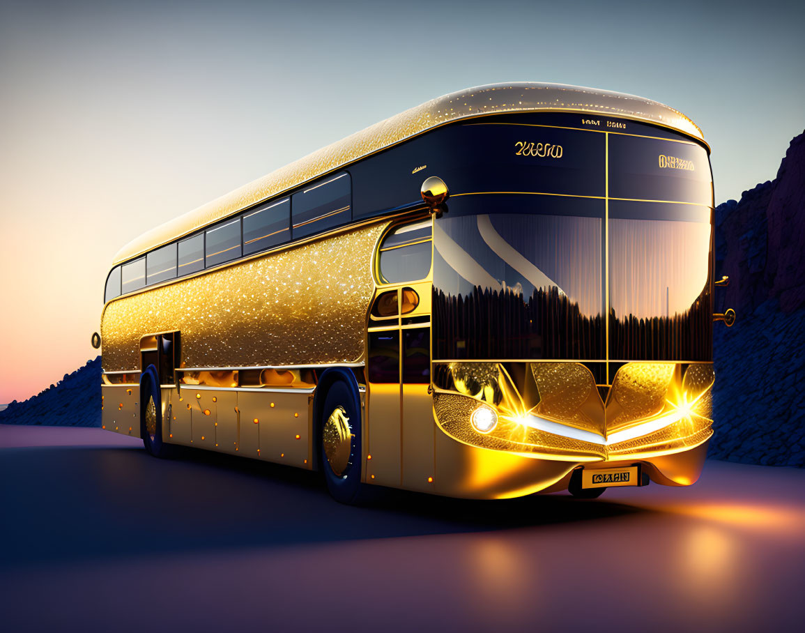 Modern Double-Decker Bus with Black and Gold Design at Twilight