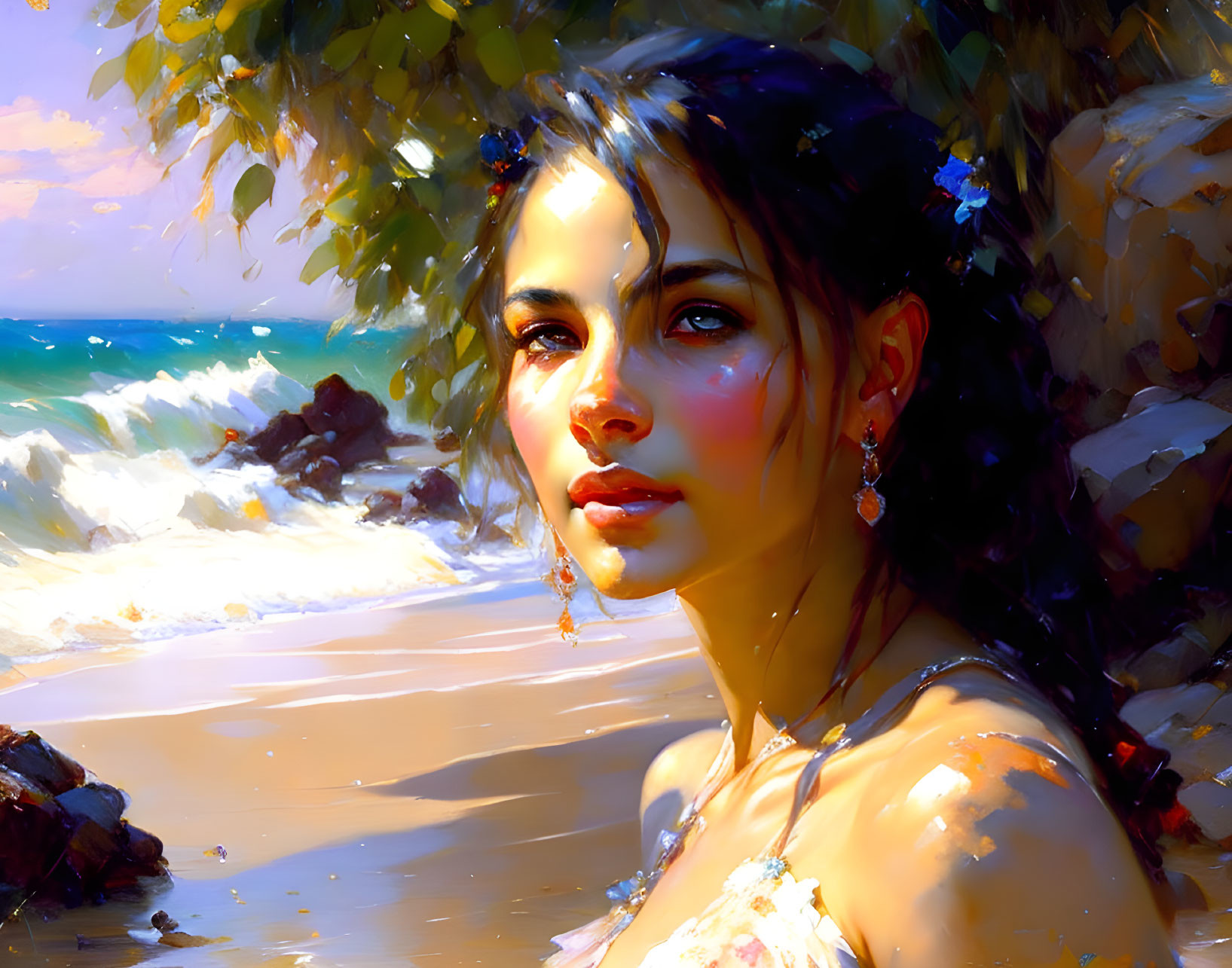 Portrait of woman with dark hair and blue flowers, gazing at sunny beach.