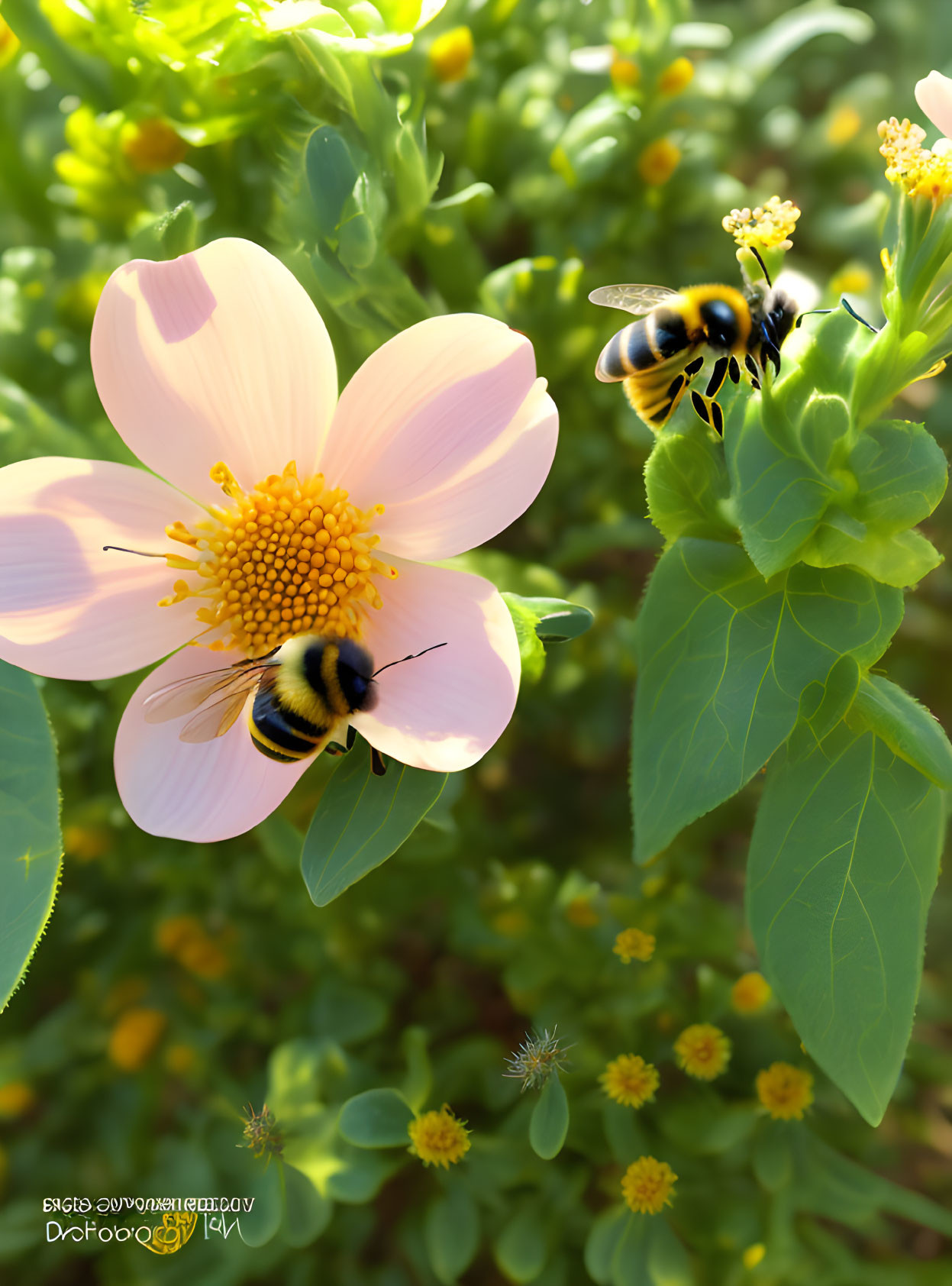 Vibrant image of bees near pink flower in lush green foliage