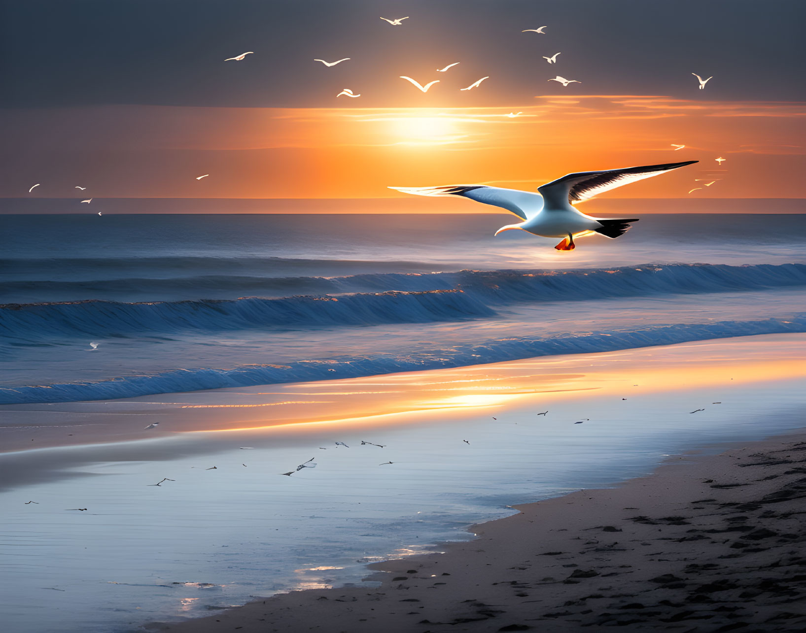 Seagull flying over beach at sunset with orange hues reflecting on water and sand