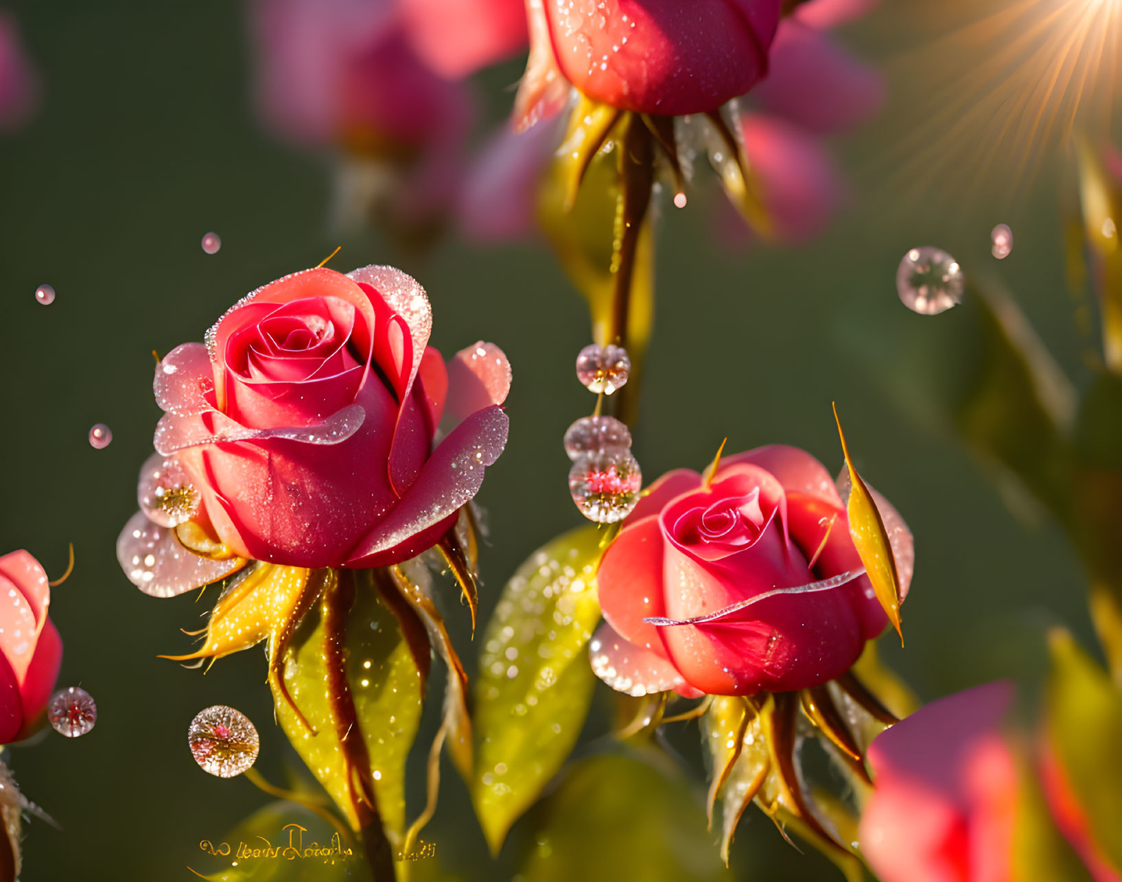 Pink Roses with Dewdrops and Sunbeams on Green Background