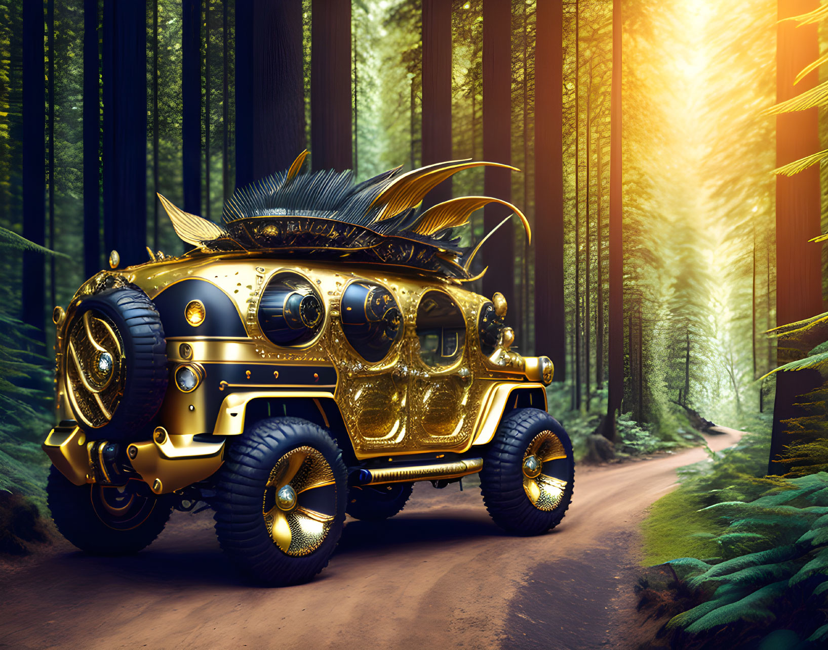 Gold-Plated Car with Feather-Like Decorations in Forest Setting