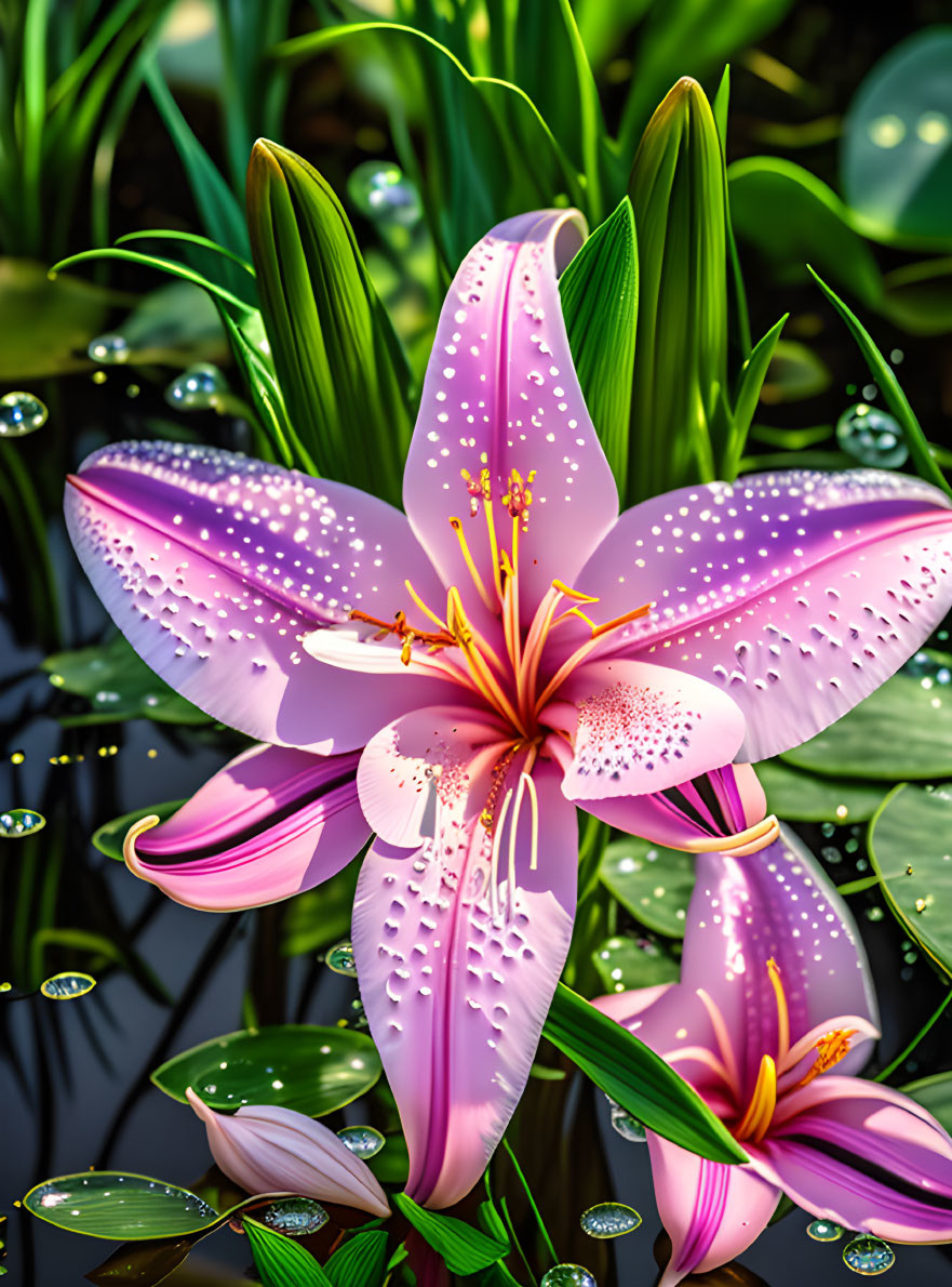 Colorful digital illustration: Purple lily with water droplets, green foliage backdrop.