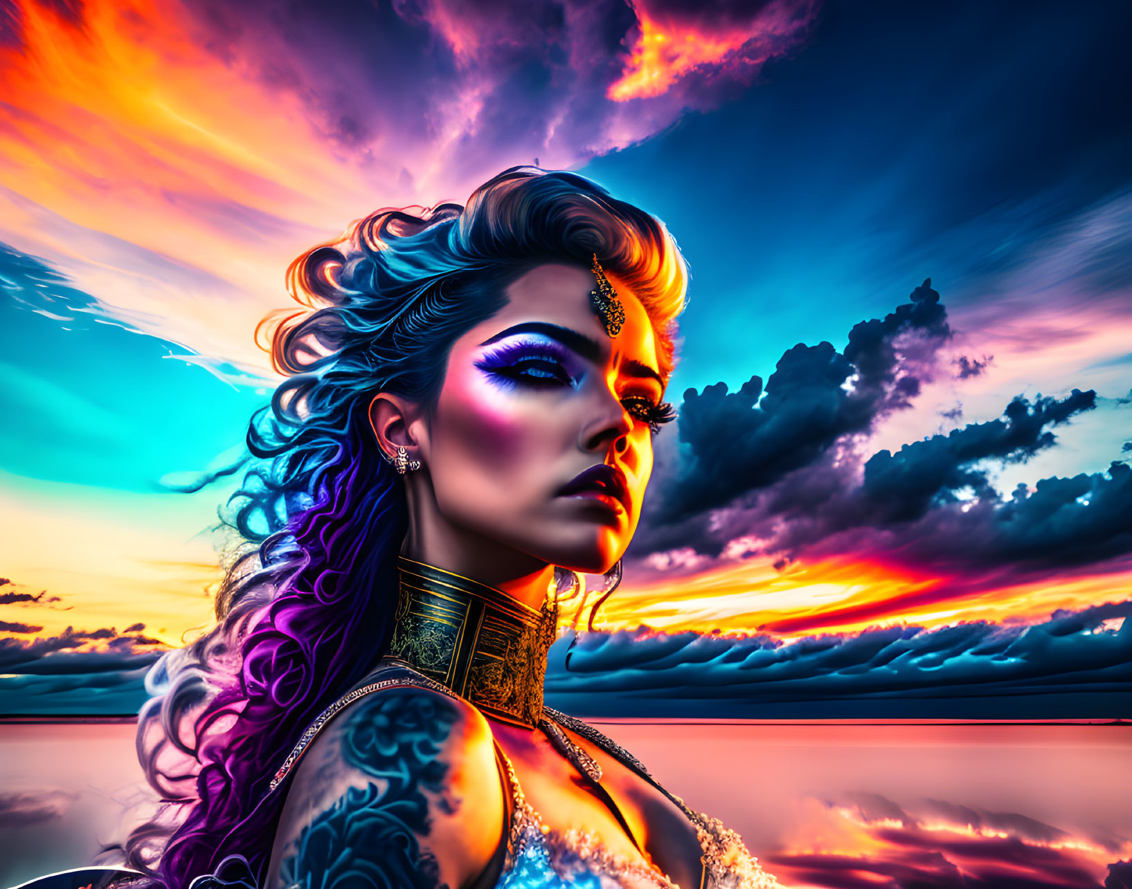 Colorful digital portrait of woman with makeup and tattoos against sunset sky