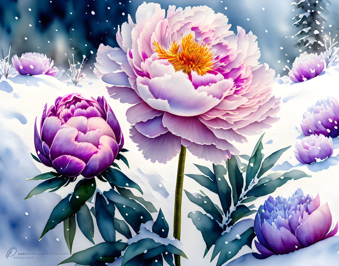 Pink Peonies Blooming in Snowy Winter Scene