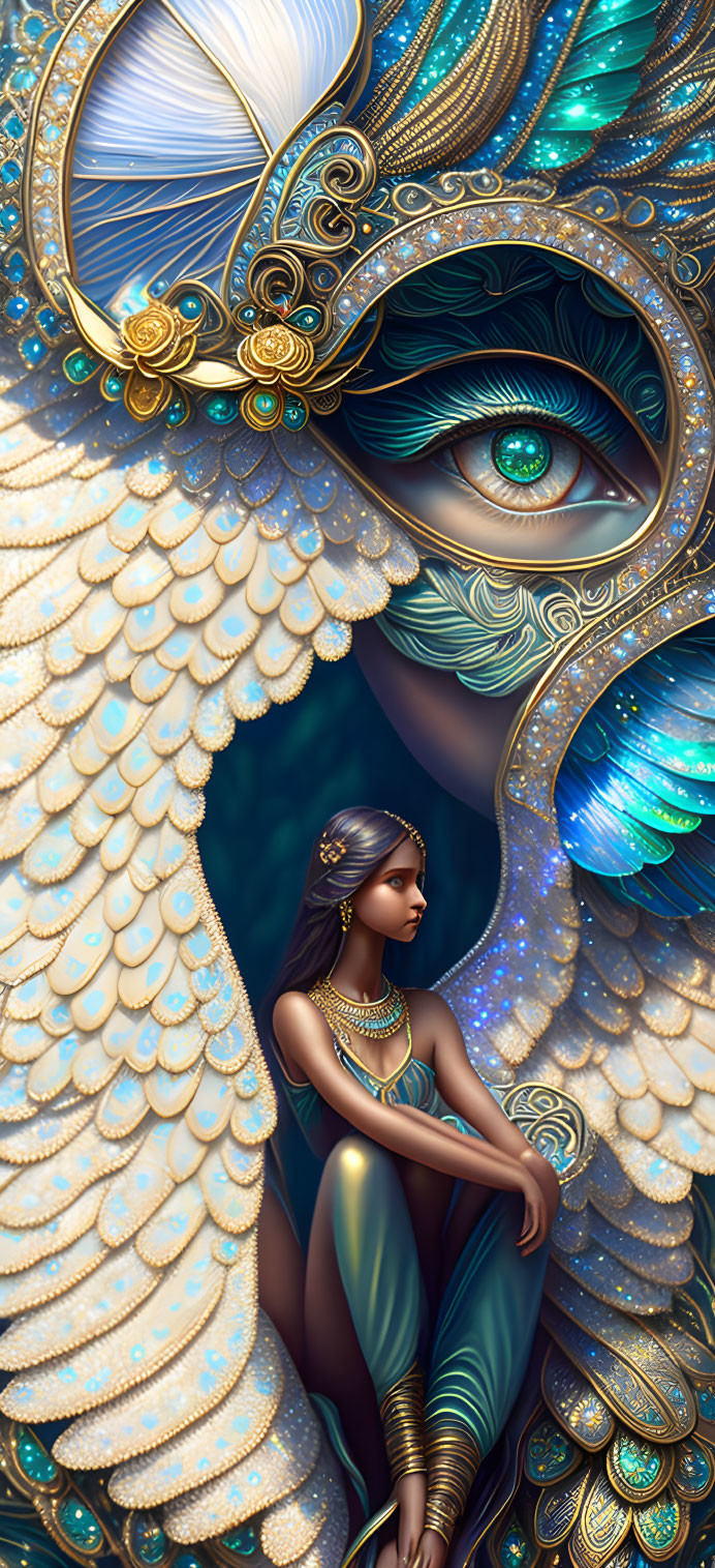 Detailed artwork featuring woman with golden jewelry and peacock design