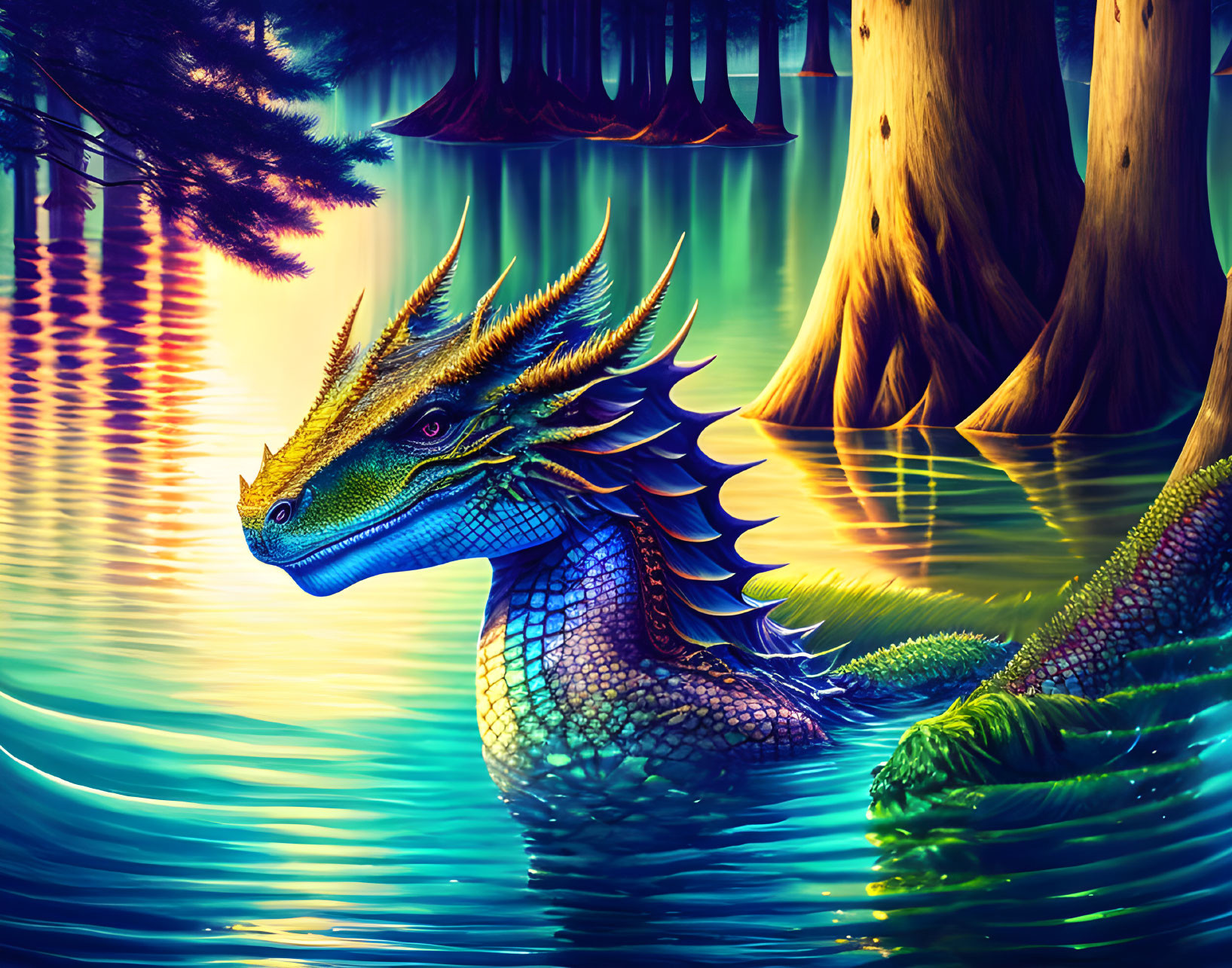 Blue-Scaled Dragon with Golden Horns in Mystical Forest Reflection