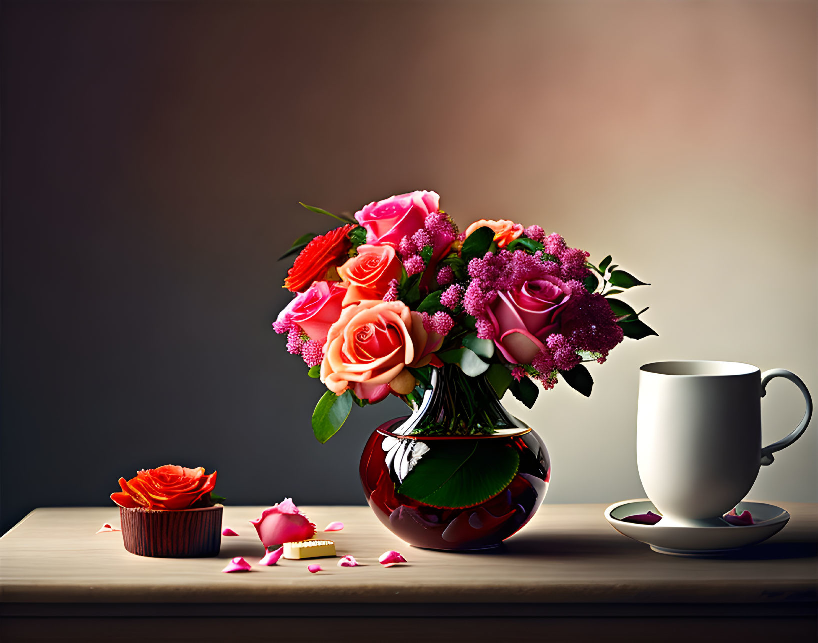 Colorful bouquet with roses and purple flowers in shiny vase, cupcake and cup on wooden surface.