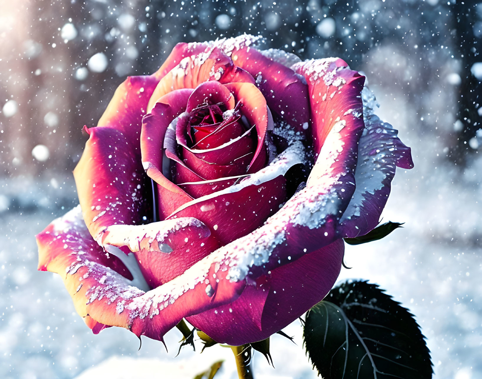 Pink rose with snowflakes on petals in falling snow background